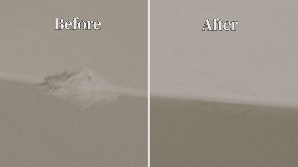A side-by-side "Before" and "After" comparison showcasing the final result of a professional edge repair on a porcelain countertop surface, completely restoring the chipped area.