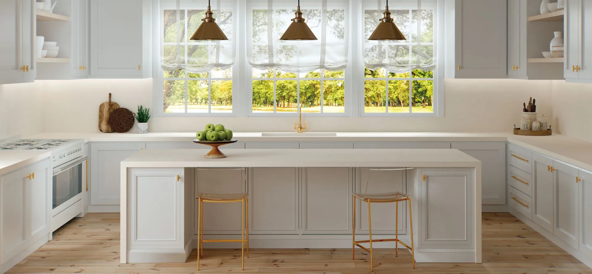 Elegant modern kitchen featuring Caesarstone white quartz countertops, a spacious island with gold accents, and classic cabinetry. The design combines timeless sophistication with natural light and durable quartz surfaces—perfect inspiration for luxury home interiors.
