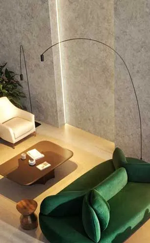 Caesarstone Porcelain Cladding with green sofa