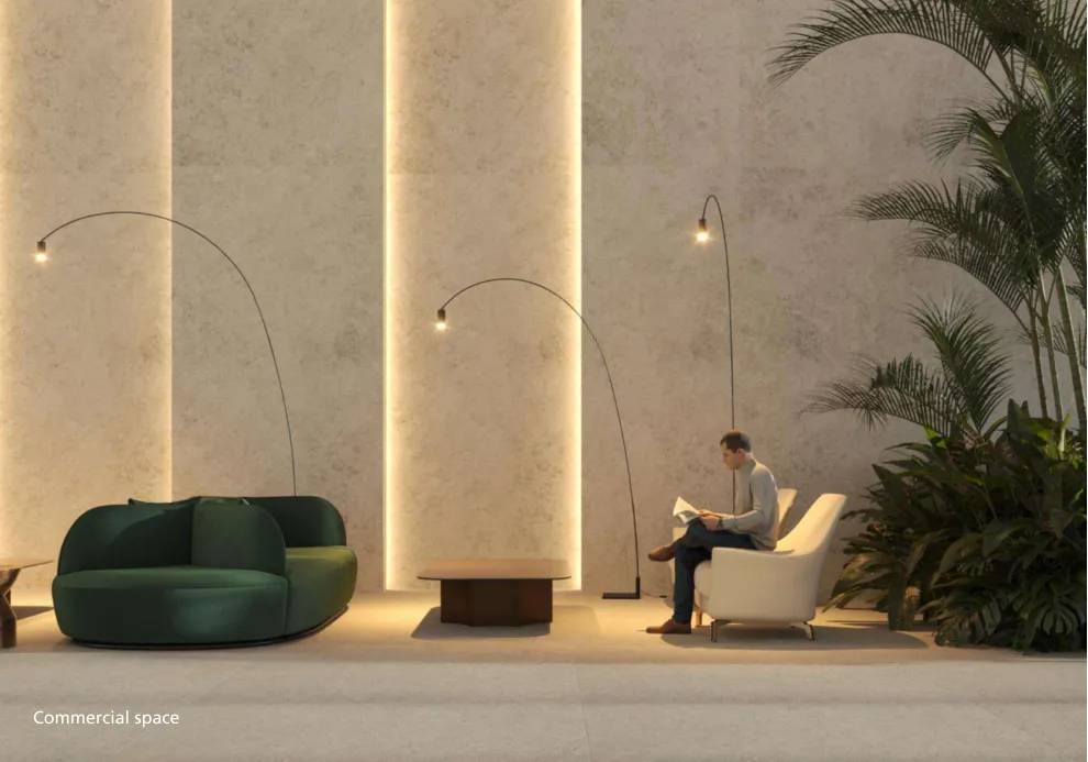 Porcelain Cladding Technical Guide cover with caesarstone porcelain cladding and green sofa