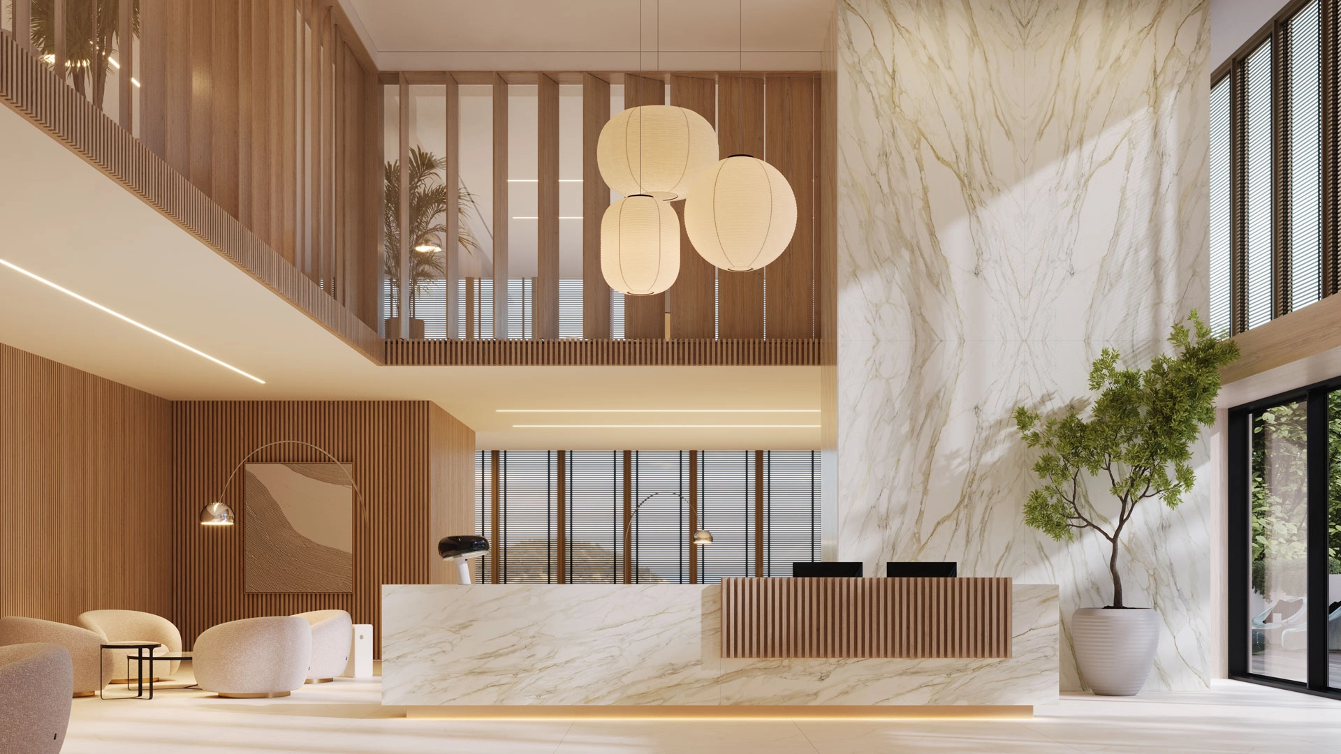 Porcelain cladding with Caesarstone 506 Mirabel and 504 Lumen surfaces